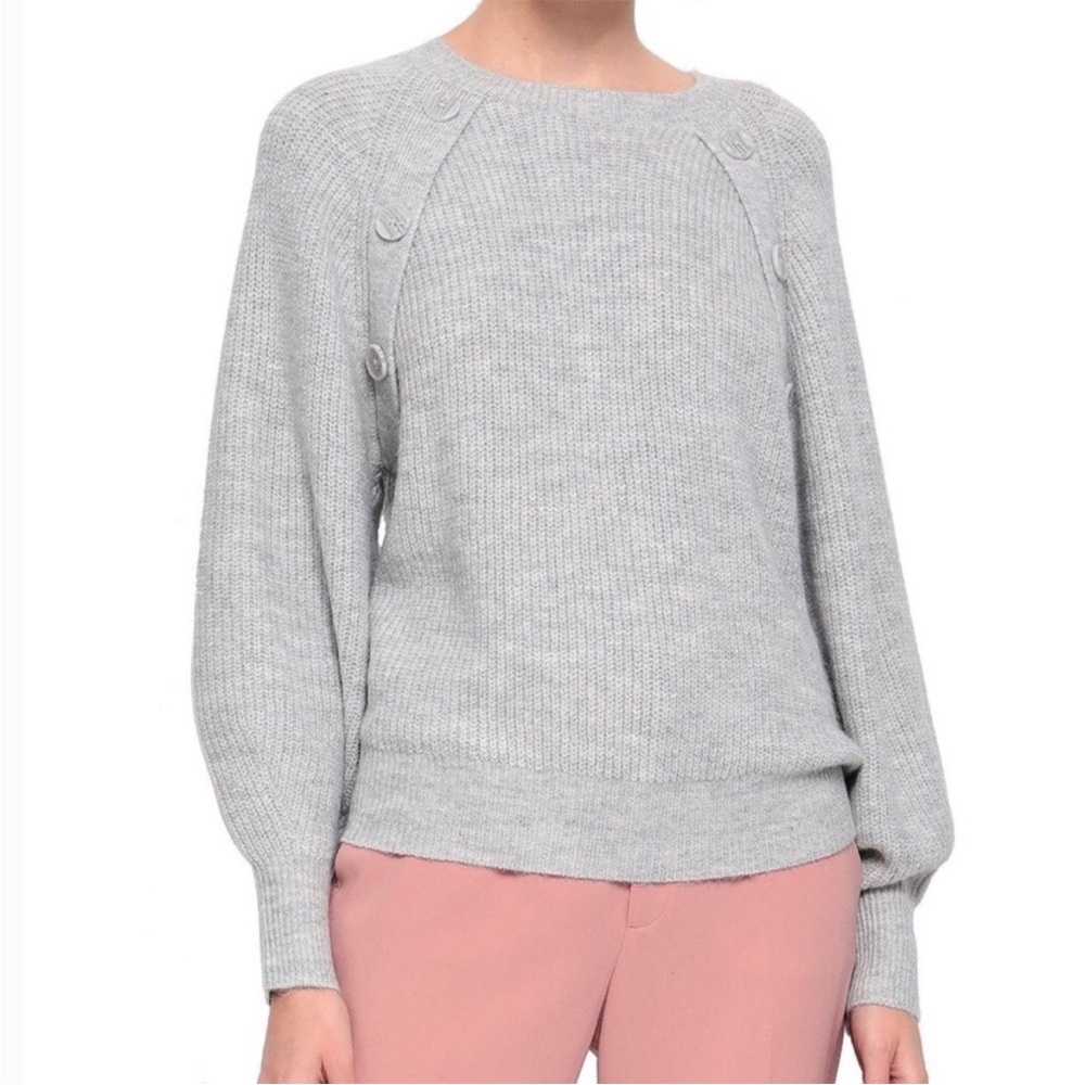 JOIE Size S Button-detailed Puff Sleeve Mélange Knitted Sweater Gray